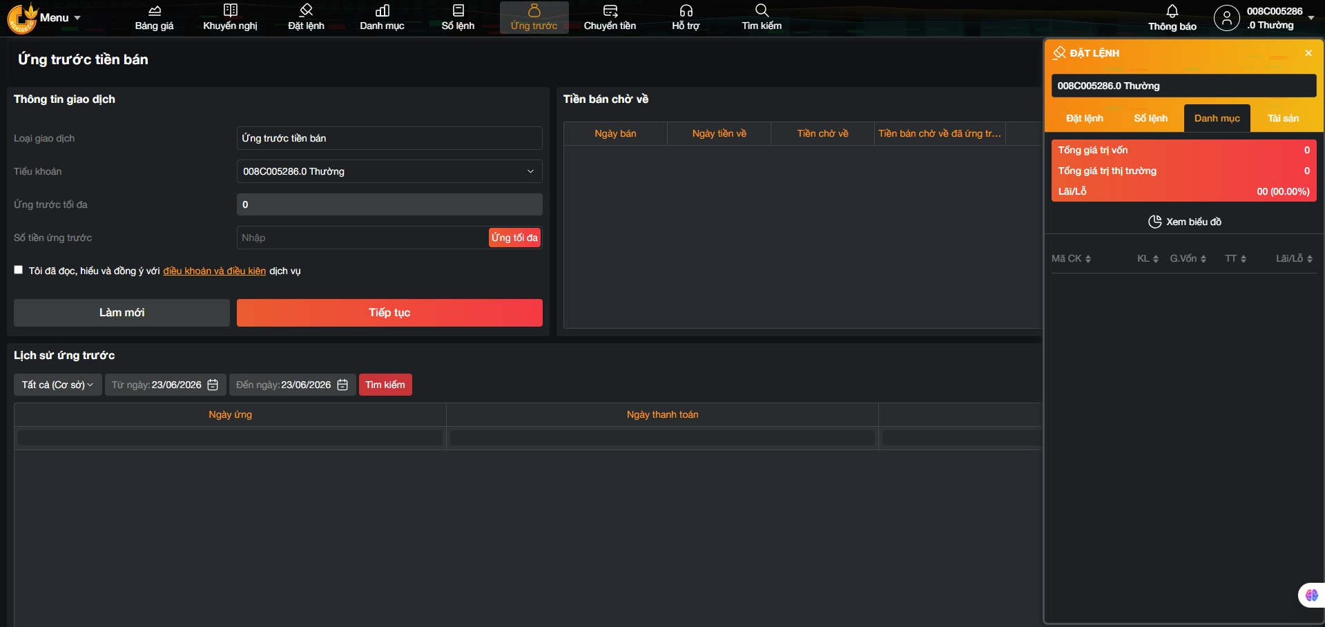 Giao diện ứng trước tiền bán trên web AGR Trading Pro