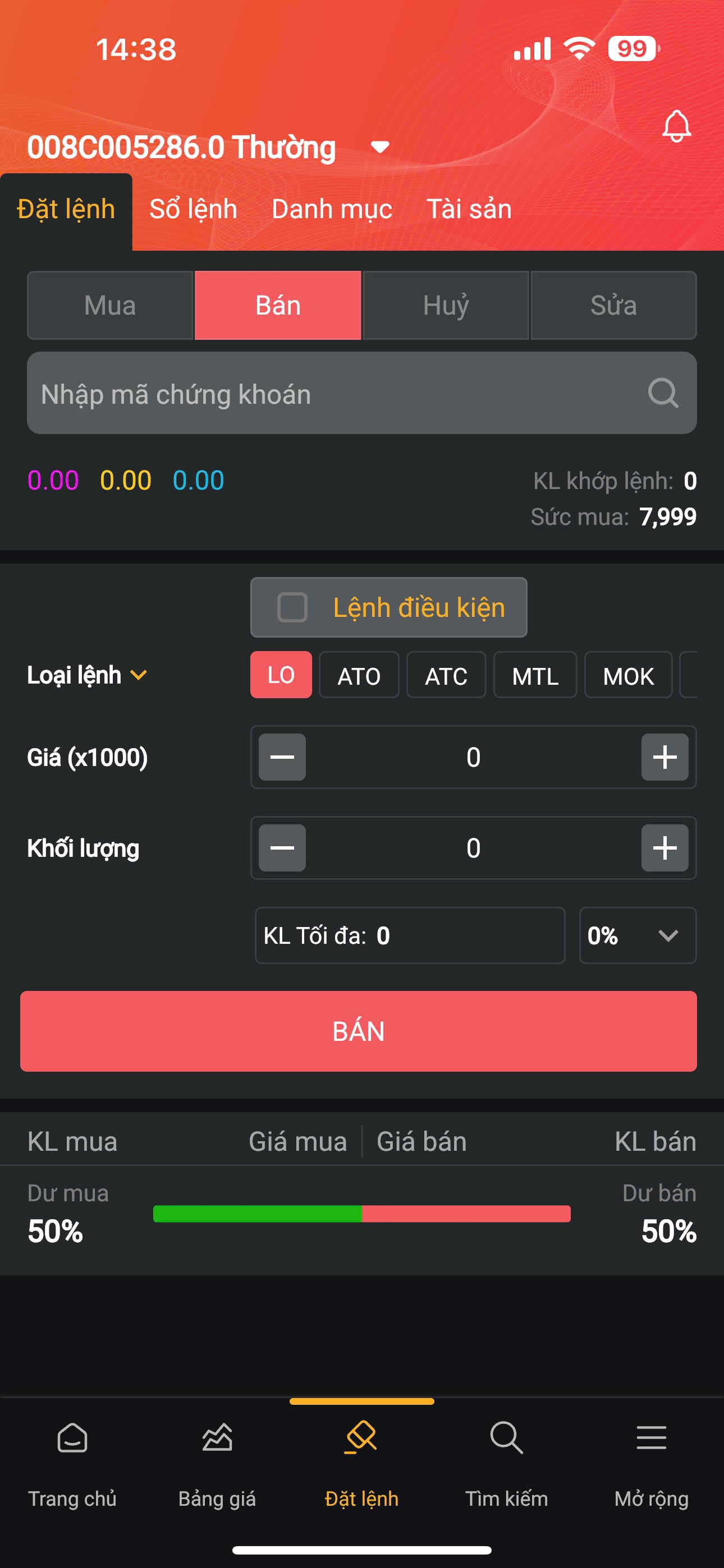 Giao diện Đặt lệnh BÁN trên ứng dụng AGRISECO PRO