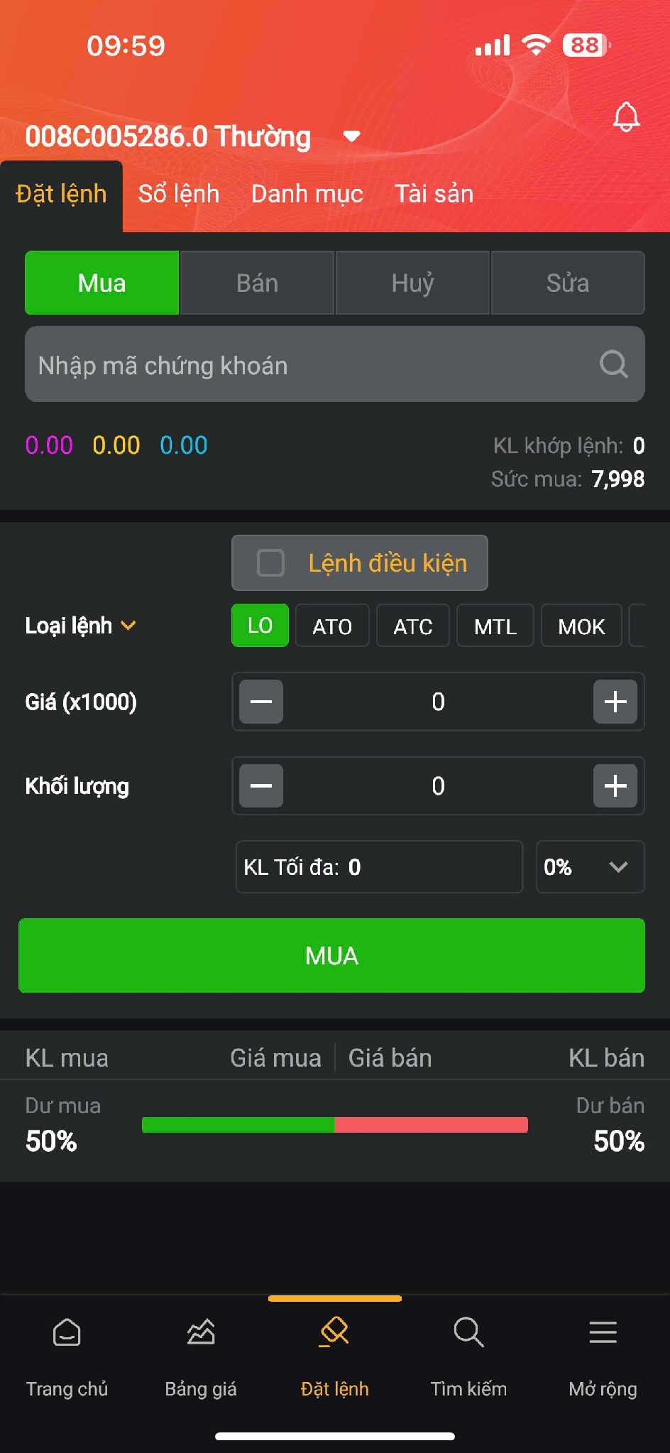 Giao diện đặt lệnh Mua