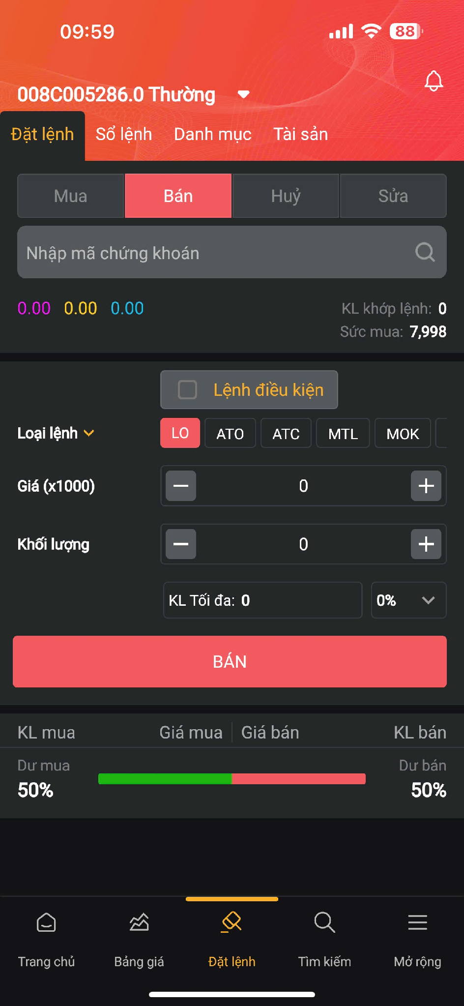 Giao diện đặt lệnh Bán